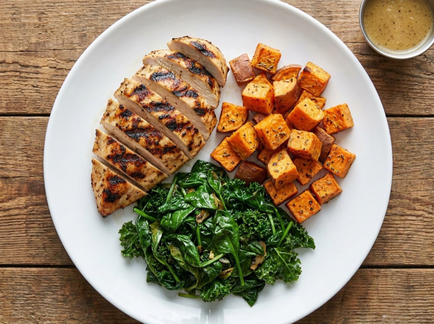 Grilled chicken with roasted sweet potato cubes and sautéed kale on a white plate