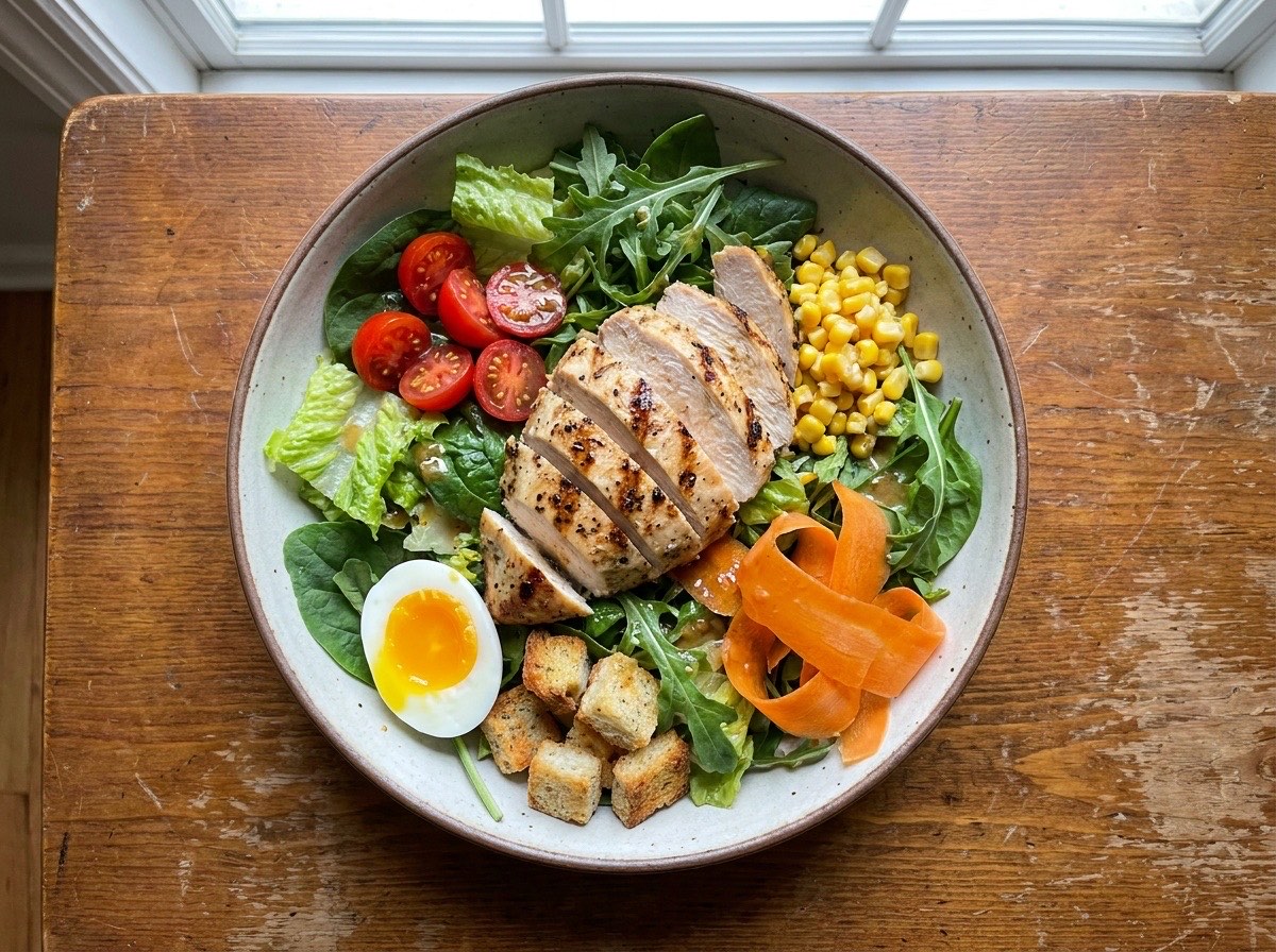 Grilled chicken salad with greens, tomatoes, corn, and a soft-boiled egg